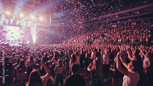 Energetic crowd of fans dancing and cheering with hands up at a live music concert under a spectacular shower of falling confetti and bright purple stage lights in a packed arena