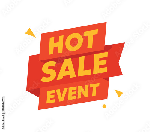 Flat vector banner design text Hot Sale Event bold geometric font red and palette ribbon folded shape