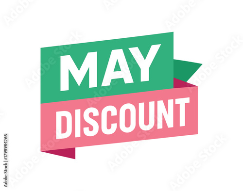 Flat vector banner design text May Discount bold geometric font green and pink palette ribbon folded shape