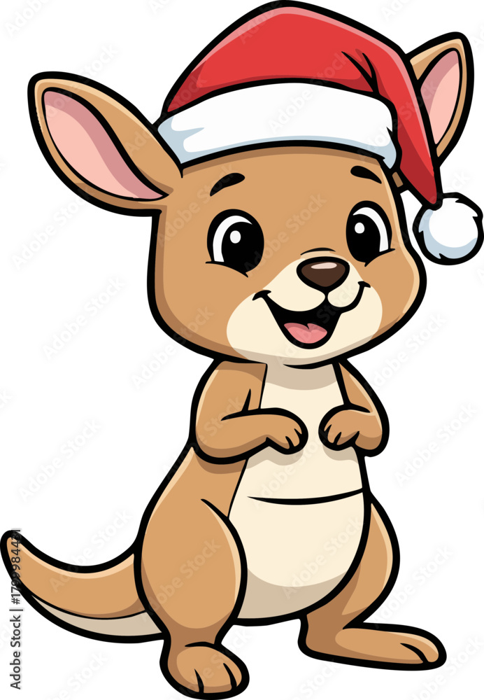 Fototapeta premium Adorable cartoon kangaroo wearing a Santa hat for Christmas
