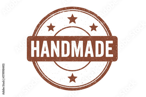 Vintage rubber stamp HANDMADE circular seal with stars bold lettering faded brownred ink texture print effect isolated on white background vector illustration