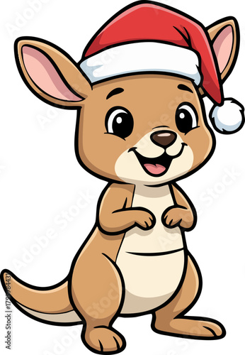 Adorable cartoon kangaroo wearing a Santa hat for Christmas