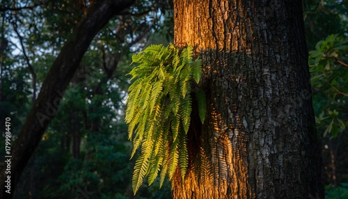 Bird’s nest fern (Asplenium nidus) growing naturally attached to a tree trunk in a tropical rainforest. The natural ecosystem of humid tropical forests. 