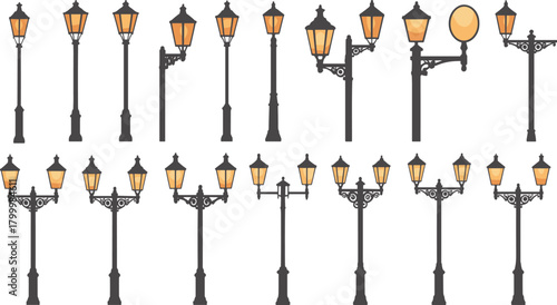 Street lamp design collection illustration with warm glow, vintage and modern post styles vector for urban planning or architectural use