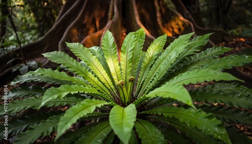 Bird’s nest fern (Asplenium nidus) growing naturally attached to a tree trunk in a tropical rainforest. The natural ecosystem of humid tropical forests. 