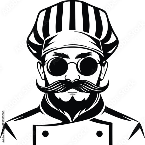 Chef portrait showcasing a retro mustache, beard, chef hat, and black eyewear