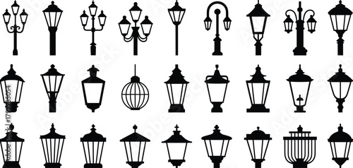 Street lamp silhouette collection illustration, vintage and modern lantern styles in black vector for urban design or architectural inspiration