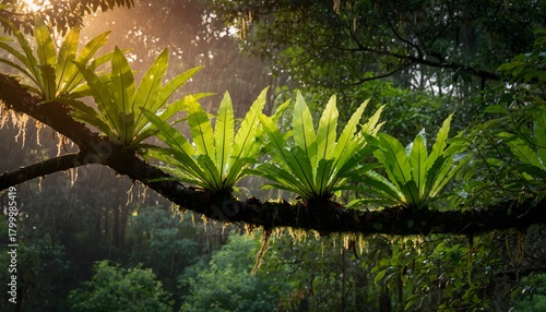 Bird’s nest fern (Asplenium nidus) growing naturally attached to a tree trunk in a tropical rainforest. The natural ecosystem of humid tropical forests. 