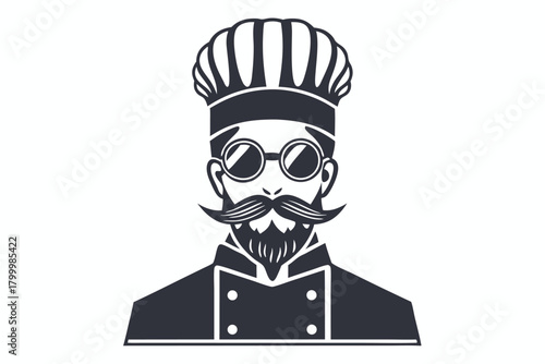 Chef with bushy mustache and round glasses looks professional in his uniform
