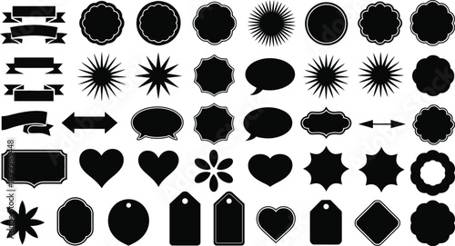 Collection of Black Silhouette Graphic Elements Tags, Banners, Labels, and Decorative Shapes for Design Projects