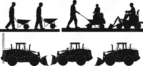 Construction workers and heavy machinery silhouette, industrial labor concept with bulldozers and wheelbarrows, building equipment and workforce teamwork illustration for construction industry design