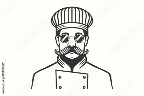 Cartoon chef with round glasses and a handlebar mustache dons classic chef's attire