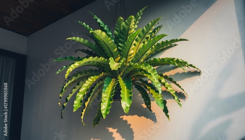 Bird’s Nest Fern (Asplenium nidus) displayed as an interior ornamental plant, featuring lush green tropical foliage. Indoor gardening