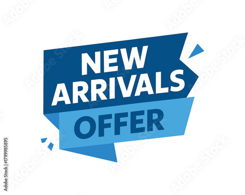 Flat vector banner design text New Arrivals Offer bold geometric font blue and white palette ribbon folded shape