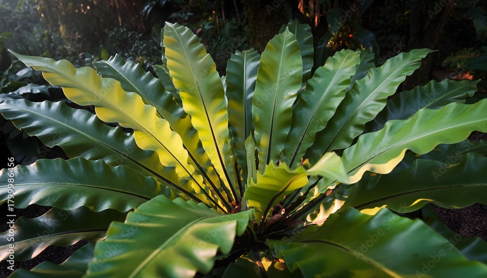 Obraz premium Bird’s nest fern (Asplenium nidus) growing naturally attached to a tree trunk in a tropical rainforest. The natural ecosystem of humid tropical forests. 