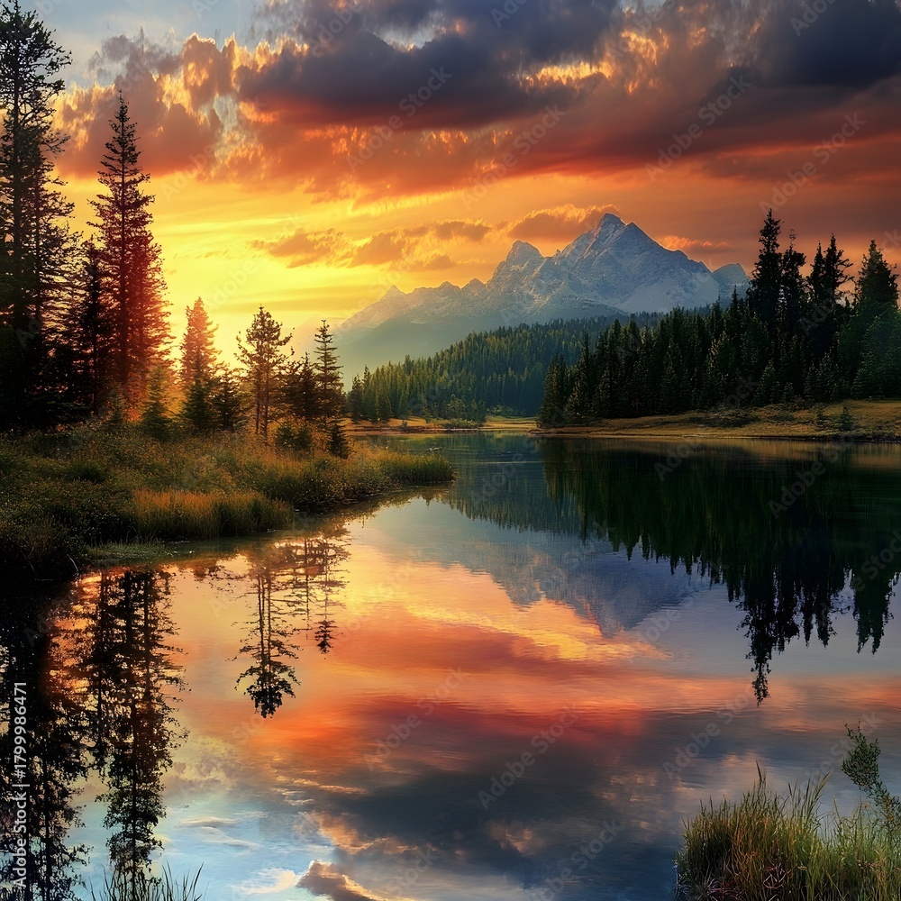 Fototapeta premium Forest lake reflection at sunset with colorful sky Photo