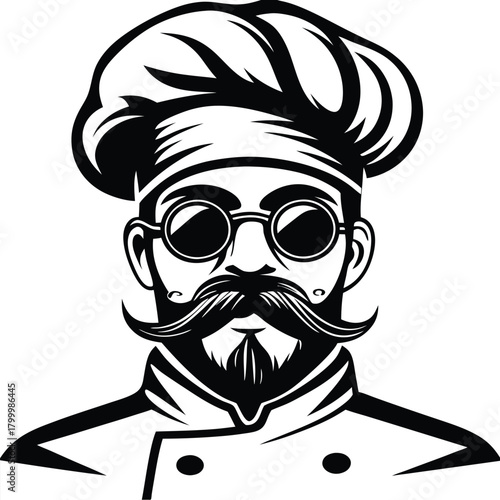 A bearded cook wearing chef's hat and glasses is illustrated in black and white