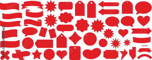 Set of Red Blank Speech Bubbles, Banners, Tags, and Labels, Diverse Shapes for Design Projects and Creative Expressions, Vector Graphics