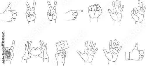 Hand gesture vector set with thumbs up, peace signs, counting fingers, pointing hand and heart symbol line art illustration