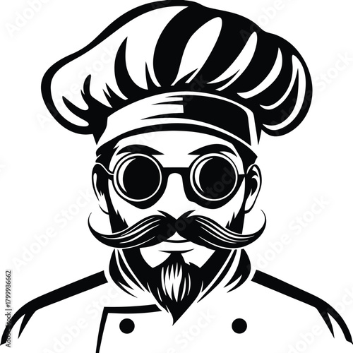 Confident chef with mustache and glasses sports iconic black and white food preparation attire