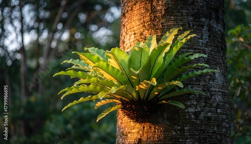 Bird’s nest fern (Asplenium nidus) growing naturally attached to a tree trunk in a tropical rainforest. The natural ecosystem of humid tropical forests. 