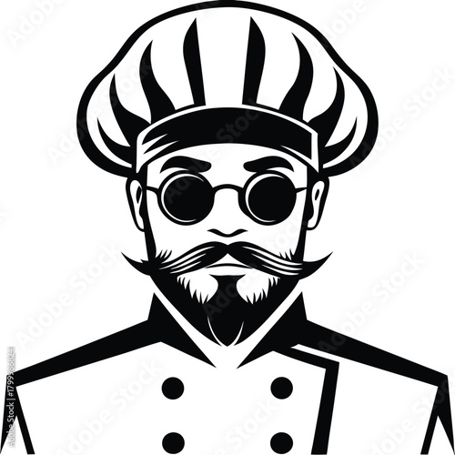 Elegant chef with toque and round glasses presents a classic professional silhouette