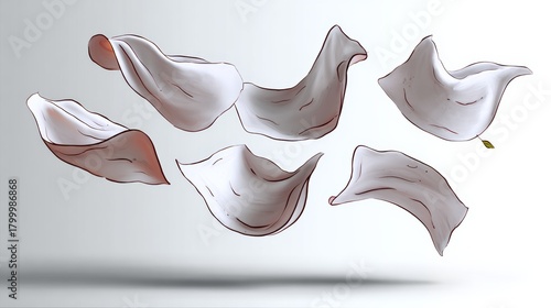 Fototapeta Naklejka Na Ścianę i Meble -  Series of white paper pieces flying through the air. The paper pieces are scattered in different directions, creating a sense of movement and chaos. The scene evokes a feeling of freedom