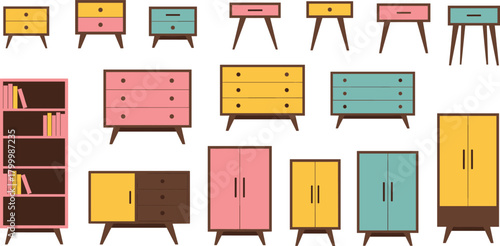 Mid-century modern furniture vector set with cabinets, sideboards, dressers, bookshelves and colorful retro home interior storage design