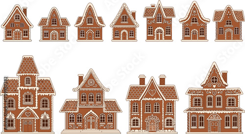 Gingerbread house vector set with cute Christmas cookie cottages, winter holiday sweets, icing decorations and festive ginger bread home design