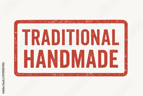 Rectangular badge TRADITIONAL HANDMADE uppercase letters red faded tone ink look