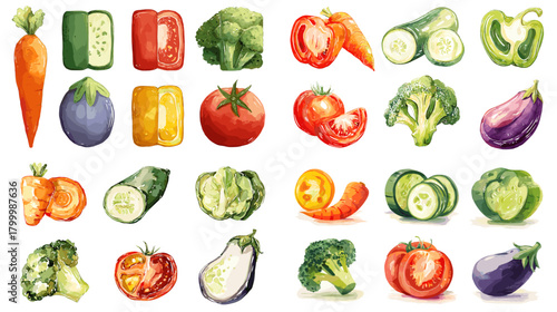 Watercolor vegetables collection with tomatoes broccoli cucumbers peppers carrots and eggplants shown whole and sliced. Clean fresh elements for menus recipes and food education.