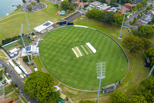 Photography Drone aerial photograph of the Drummoyne Sports Oval and surrounding community areas near Drummoyne Bay in the popular residential Sydney suburb of Drummoyne in NSW, Australia