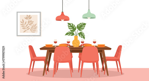 Modern dining room interior vector with table, chairs, pendant lights, wall art and houseplant decor for cozy home kitchen design