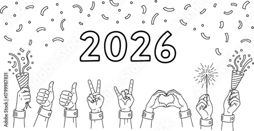 New Year 2026 celebration line art with party confetti, hand gestures, sparklers and festive holiday countdown minimalist vector design