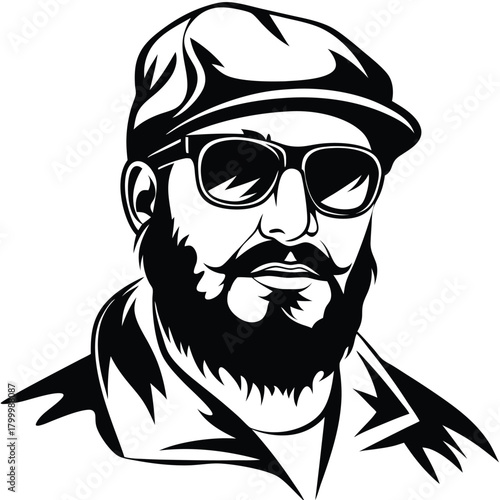 Bearded man with sunglasses and cap looks forward in a stylish black and white style