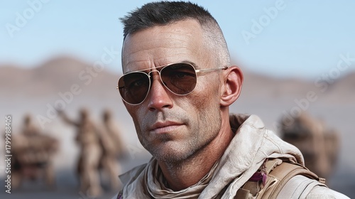 Man with a shaved head and sunglasses is standing in a desert. He is wearing a white shirt and a brown backpack