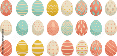 Pastel Easter eggs vector set with decorative spring patterns, painted holiday egg designs for Easter celebration, greeting cards and crafts