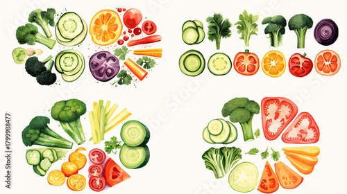 Watercolor vegetable sets arranged in circles and rows with broccoli cucumbers carrots tomatoes and herbs. Versatile salad graphics for menus meal plans and healthy branding.