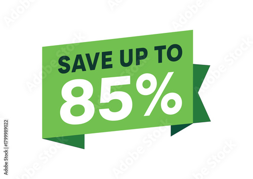 Flat vector banner design text Save up to 85% bold geometric font green and dark gray palette ribbon folded shape