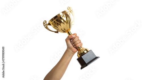 Hand holding a golden trophy cup champion celebration cut out on PNG. AI GENERATED.