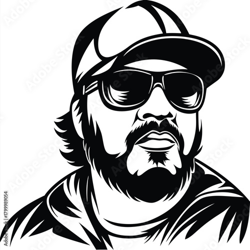 Bold monochrome portrayal showcases a bearded man wearing a cap and dark sunglasses