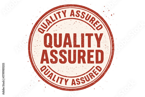 Circular stamp QUALITY ASSURED condensed bold font worn red ink texture ink splatter details