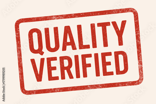 Rectangular seal QUALITY VERIFIED uppercase letters red ink with fade marks realistic pressure texture