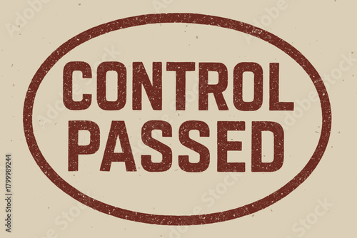 Oval label CONTROL PASSED uppercase geometric letters dark red print surface texture