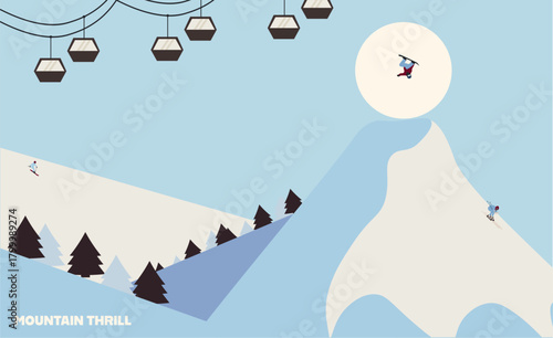 Winter sports scene with skiers and snowboarders going downhill on snowy mountain slope, chairlift. Clean layout for banner or winter holiday promo. Perfect for seasonal design, winter vacation