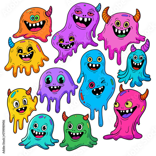 Colorful slime monsters with bright expressions gather joyfully, each bursting with personality through vivid hues, goofy faces, and wiggly dripping shapes.