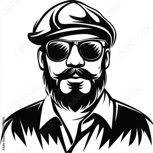 Confident man with beard, wearing cap and dark sunglasses boasts stylish retro look