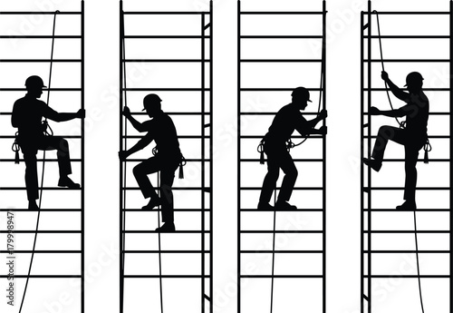 Construction workers climbing safety ladders silhouette illustration, teamwork and safety concept, industrial labor men with harness, vector occupational safety graphic