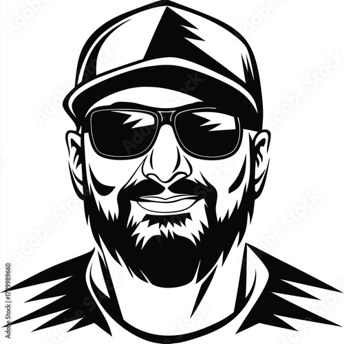 Bearded man in cap and sunglasses smiles broadly in a black and white drawing