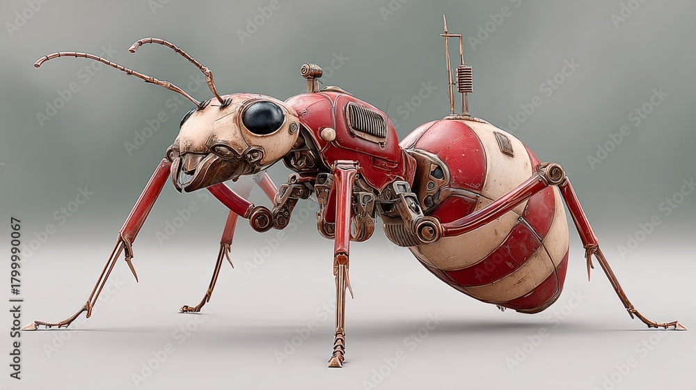 Naklejka premium Robot ant with a red and white striped body. The robot ant is standing on a grey surface